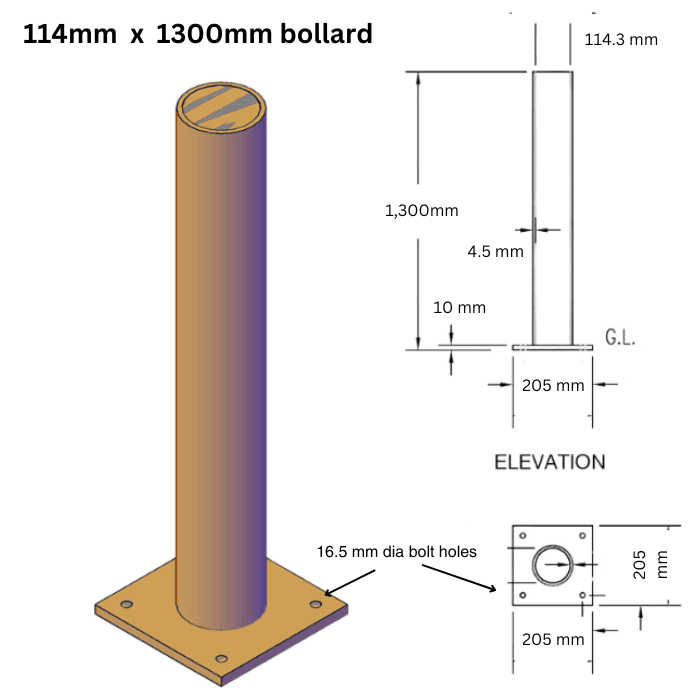 Surface mounted steel bollard. 114mm dia x 1300mm high.