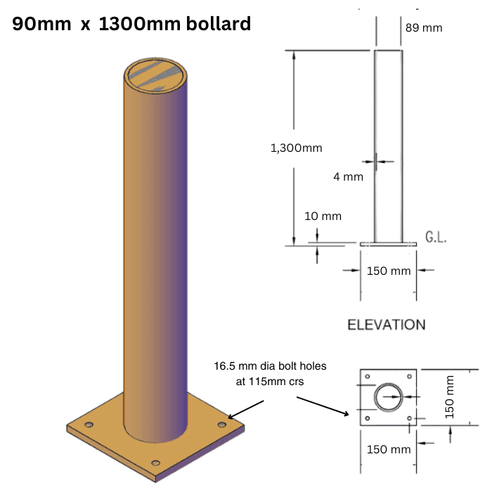 Ten pack. Surface mounted steel bollard. 90mm dia x 1300mm high.