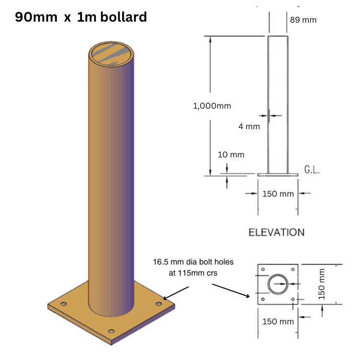 Ten pack. Surface mounted steel bollard. 90mm dia x 1m high.