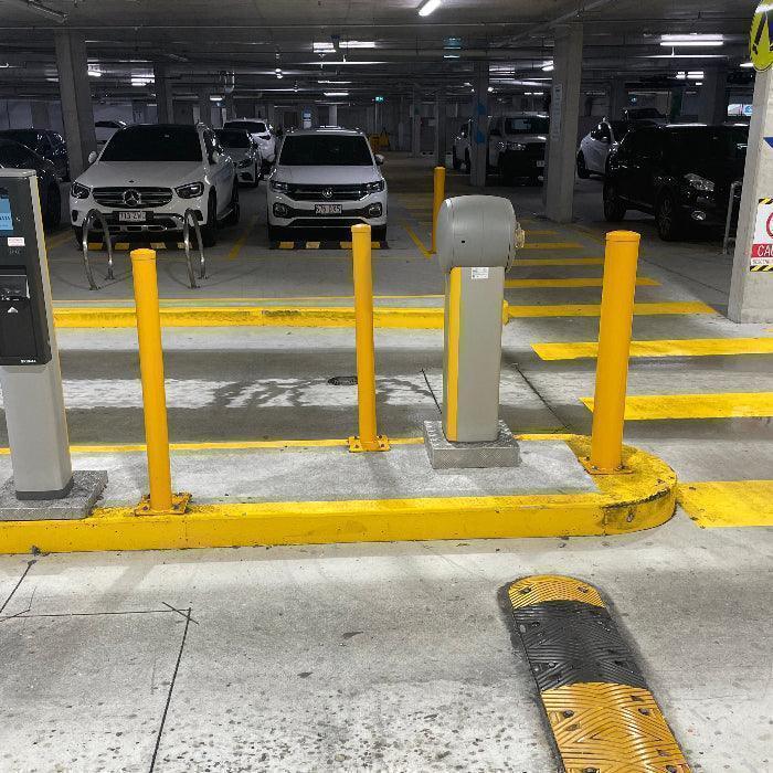 Bollards at boom gstes in car park