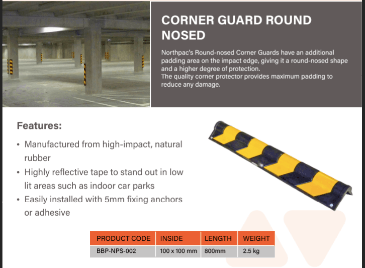 Corner guard - rubber round nosed 100mm wide x 800mm long - Car Parks and Roads