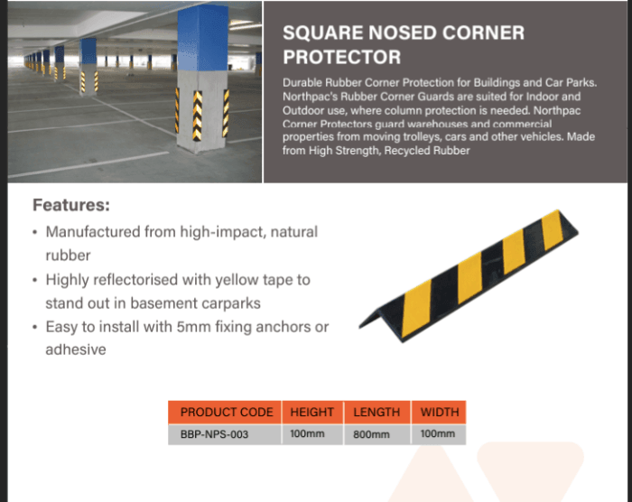 Corner guard - rubber square nose 100mm wide x 800mm long - Car Parks and Roads